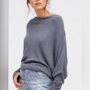 Free People Off-the-Shoulder Gray Waffle Knit Top with Long Cuffs